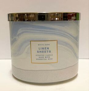 Bath and Body Works White Barn Linen Sheets 3 Wick Candle 14.5 Ounce Blue White Swirl Label Candle Day 2020