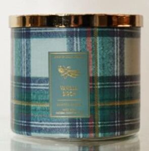 Bath and Body Works Vanilla Birch Scented Candle 14.5 Ounce 3 Wick Candle Blue and Green Plaid Christmas Season 2021