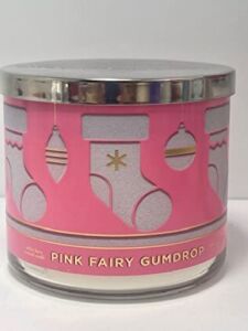 Bath & Body Works Pink Fairy Gumdrop 3 Wick Candle 14.5 Ounce Pink Label with Stockings and Ornaments