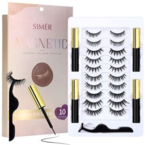 SIMER Magnetic Eyelashes with Eyeliner 10 Pairs False Lashes 6 Types Mink Lashes Natural Look Cat Eye Lash Extension Russian Strip Lashes Reusable No Glue Needed