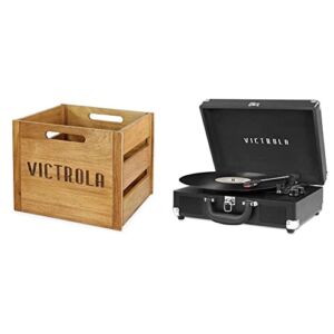 Victrola Wooden Record Crate, Wood color & Vintage 3-Speed Bluetooth Portable Suitcase Record Player with Built-in Speakers | Upgraded Turntable Audio Sound| Includes Extra Stylus | Black