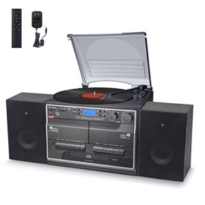 HONGUT Hi-Fi Stereo Bluetooth Vinyl Record Player, All-in-One 2 Speed Turntable Stereo CD Player, Music System with AUX in to MP3 USB Encoding Convert FM Radio Encoding CD Cassette with Remote Control