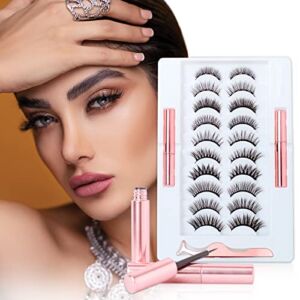 Magnetic Eyelashes with Tweezers and 2 Waterproof Eyeliner, Reusable 3D 5D Magnetic Eyelashes, Natural Look Magnetic Lashes Kit, 10 pairs of different styles Attractive long eyelashes Faux mink eyelashes, No Glue, Comfortable, Thick, Curly