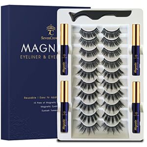 Magnetic Eyelashes Natural Look,Magnetic Lashes with Eyeliner Kit.Upgraded 4 Tubes of Liner Waterproof, Long Lasting, High Volume,Reusable 7C SevenCrown False Faux Lashes Easy to Apply.