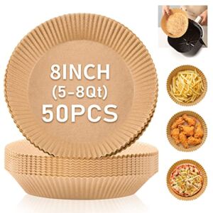 Air Fryer Liners, Air Fryer Disposable Paper Liner, 50Pcs Airfryer Parchment Paper, 8 inch Non-Stick Parchment Paper for Air Fryer, Air Fryer Paper Liners Round Paper Plates for Baking Cooking BBQ