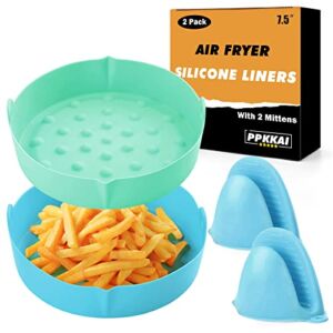 PPKKAI Air Fryer Silicone Liners 8 inch, 2 Pack Air Fryer Silicone Pot with 2 Mittens, Food-Grade Silicone Air Fryer Liners Reusable Air Fryer Accessories (Green and Blue)