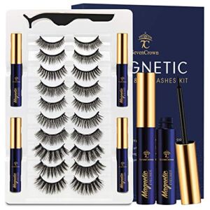3D Magnetic Eyelashes Natural Look with Eyeliner Kit – 7C SEVENCROWN Magnetic Lashes – Upgraded 4 tubes of Magnetic Liner – 10 Pairs Reusable False Magnetic Eyelash Kit with Applicator Easy to Apply.