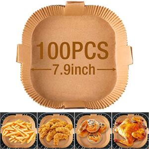 REMEDEN 100Pcs Air Fryer Disposable Paper Liner With handle Easy take out, Baking Paper for Air Fryer Water-proof, Oil-proof, Non-stick, Parchment Paper for Baking- 7.9 inch Air Fryer Liners Square