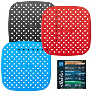LOTTELI KITCHEN Reusable Silicone Air Fryer Liners 3 Pack with Air Fryer Magnetic Cheat Sheet, Easy Clean Air Fryer Accessories, Non Stick, AirFryer Accessory Parchment Paper Replacement – 8.5″ Square