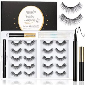 Canvalite Invisible Magnetic Eyelashes Natural Look 15mm, Long Magnetic Eyelashes with Eyeliner Kit Waterproof and Long Lasting, Lightweight Magnetic False Lashes Easy to Use 10 Pairs(2 STYLES), ME01