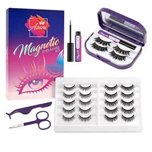 Asani Magnetic Eyeliner and Eyelashes Kit, 10-Pair Reusable Natural Magnetic Lashes, 2 Pair Fluffy magnetic Eyelashes, 2 Tubes of Magnetic Eyeliner with Scissors Tweezers & Mirror Case