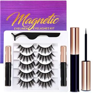 Magnetic Eyelashes with Eyeliner – Magnetic Eyeliner and Lashes Kit, 5D Faux Mink Lashes,Eyelashes Natural Look Reusable False Lashes (5 Pairs)