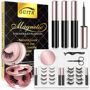 Magnetic Eyelashes, 12 Pairs with Eyeliner Upgraded Natural Look Reusable no Glue Long lasting 3D eye Lashes kit ，with 4 Tubes Magnetic Eyeliner and eyelash case/Tweezers Scissors (Bright black)