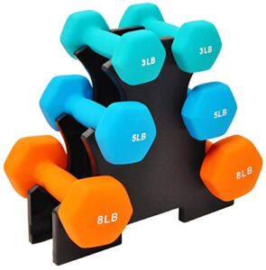 Signature Fitness Neoprene Coated Dumbbell Set with Stand (3lbs, 5lbs, 8lbs Set), Multicolor