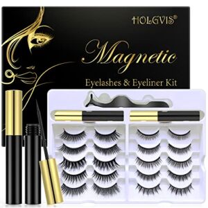 Magnetic Eyelashes Eyeliner Kit with 10 Pairs updated 3D 5D Magnetic lashes Natural Look and 2 Tubes of Magnetic Eyeliner Set, Waterproof, Long Lasting & Reusable False Lashes-No Glue Need