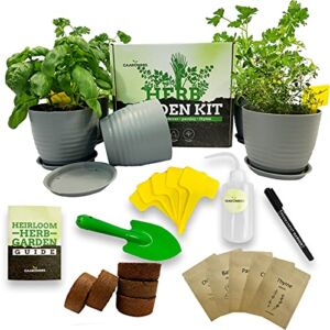 Indoor Herb Garden Starter Kit – Complete Window Gardening Kit with 5 Planter Pots, Coco Soil Pellets, Labels, Marker – Non-GMO, Heirloom Seeds: Basil, Cilantro, Chives, Parsley, Thyme