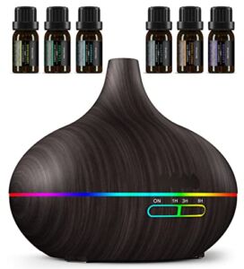 Oil Diffuser, 500ml Aromatherapy Diffuser with 6x10ml Top Essential Oils Included, 7×2 Colorful LED Night Light, 23dB Quiet BPA-Free Essential Oil Diffusers for Home, 16H Lasting, 4 Timers, Auto Off