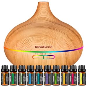 InnoGear Aromatherapy Diffuser & 10 Essential Oils Set, 400ml Oil Diffusers Ultrasonic Diffuser Cool Mist Humidifier with 4 Timers 7 Colors Light Waterless Auto Off for Large Room Office
