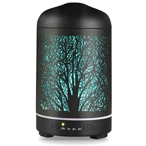 ENAROMA Essential Oil Diffuser 200ml Black Metal Tree Ultrasonic Aromatherapy Diffuser with Intermittent Setting LED Colorful Night Light Cool Mist Humidifier for Bedroom Office Home Décor