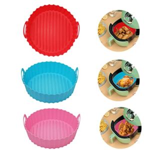 3-Pack Silicone Air Fryer Liners 8.5inch Reusable Air Fryer Silicone Basket, Replacement Flammable Parchment Paper, Food Safe Air fryers Silicone Baking Tray Round Pot Oven Accessories(Pink+Blue+Red)