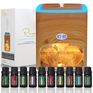 Himalayan Pink Salt Diffuser & 10 Essential Oils – 2-in-1 Therapeutic Device – Aromatherapy & Ionic Himalayan Salt Therapy – 400ml Ultrasonic Vaporizer and Ionizer with Ambient Glow (Light)