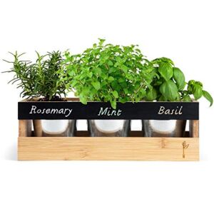 Farmhouse Kitchen Window Planter Box – Succulent, Flower & Herb Garden – Indoor & Outdoor – Includes Bamboo Wood Rectangle Planter Box, 3 Small Plant Pots, Drainage Tray & Chalk – 14” x 5.3” x 4.5”