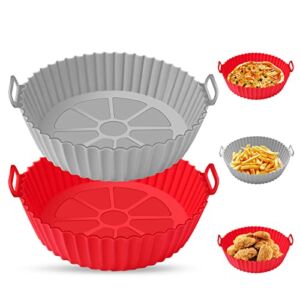 2 Pack Air Fryer Silicone Liners , 8.5” Round Air Fryer Silicone Basket,Heat Resistant Easy Cleaning Air Fryers Oven Accessories, Reusable Air Fryer Silicone Bowl Fits 3.6 To 6.8QT (Red&Gray)