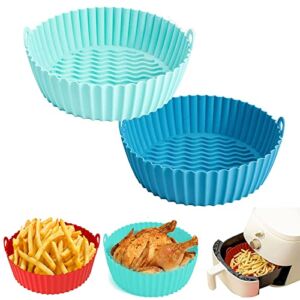 8.5Inch Silicone Air Fryer Liners Reusable with Handle- 2PC Food Safe Air Fryer Oven Accessories ，Replacement Of Parchment Paper, Reusable Air Fryer Silicone Pot for 3 to 5 Qt (green-blue)