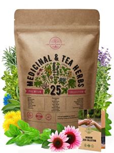 25 Medicinal & Tea Herb Seeds Variety Pack for Planting Indoor & Outdoors. 5900+ Non-GMO Heirloom Herbal Garden Seeds: Anise, Borage, Cilantro, Chamomile, Dandelion, Rosemary, Peppermint Seeds & More