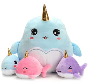 Reinbow 15inch Jumbo Narwhal Stuffed Animals Plush for Girls Ages 3+, Mommy Whale Plushie with 3 Baby Unicorns Doll Toy Gifts for Boys Kids – 4 in 1 Pillow Birthday Christmas