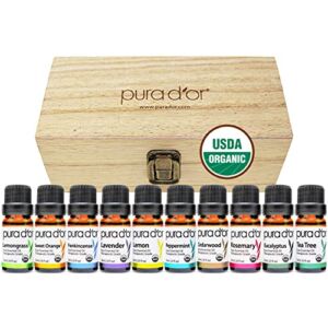 PURA D’OR Organic Essential Oils Set of 10 10ml Perfect10 Wood Box Gift Set, 100% Pure Therapeutic Grade Aromatherapy For Home Diffusers (Lavender, Tea Tree, Eucalyptus, Lemon, Cedarwood, Ylang Ylang)
