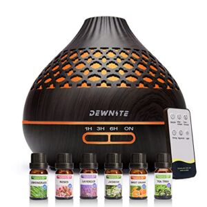 Aromatherapy Essential Oil Diffuser with Remote Control 400 ml Ultrasonic Aroma Humidifier with 6*10ml Essential Oils Waterless Safety Switch & 4 Timer Settings, 7 Color LED Lights -Black Wood