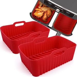 WMKGG Silicone Air Fryer Liners, 2 Pcs Reusable Rectangular Air Fryer Silicone Pot for Ninja Foodi DZ201/DZ401 Dualzone 8QT Pot and Above, (8×5” Red)