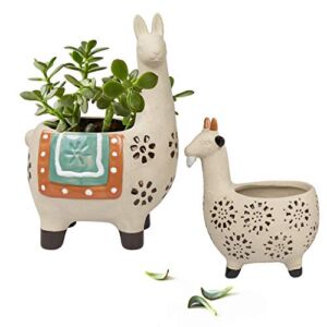 Ceramic Animal Succulent Planter Pots – 6.1 + 4.5 inch Cute Alpaca / Llama & Goat Rough Pottery Unglazed Flower Plant Pots Indoor with Drainage for Herb Cactus Air Plants, Home Decor Gifts