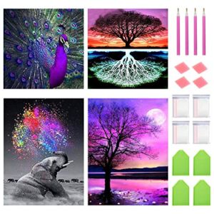 FineGearPow 4 Pack 5D Diamond Painting Kits for Adults, DIY Diamond Art for Adults, Full Drill Crystal Art for Home Wall Decor Diamond Dots, 11.8″ x 11.8″ / 15.7″ (Peacock Elephant Trees Night)
