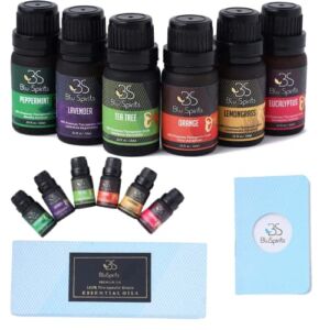 Essential Oils Set -BluSpirits 6 Piece Organic Blends For Diffusers, Therapeutic, Aromatherapy, Humidifiers, Home Care, Fragrance Gifts – Peppermint, Tea Tree, Lavender, Eucalyptus, Lemongrass, Orange