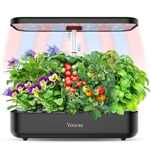 Yoocaa 12 Hydroponics Growing System, Indoor Herb Garden with LED Light, Up to 19.4” Height Adjustable Indoor Gardening System, Gardening Gifts for Women Mom(Black)