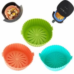3pcs 5.5inch Air Fryer Silicone Liners,Heat Resistant Reusable Round Tray Silicone Lined,Fits 1-3 QT Air Fryer Microwaves, Ovens, etc.（Orange/Blue/Green）