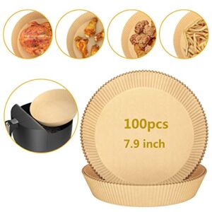 Air Fryer Liners, Air Fryer Disposable Paper Liner, Large Size 100PCS 7.9-inch, Non-stick Round Baking Paper, Oil-proof Water-proof, Food Grade Parchment for Baking