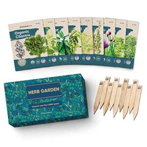 9 Herb Garden Seeds for Planting – USDA Certified Organic Herb Seed Packets – Non GMO Heirloom Seeds – Plant Markers & Gift Box – Tulsi Holy Basil, Cilantro, Mint, Dill, Sage, Arugula, Thyme, Chives