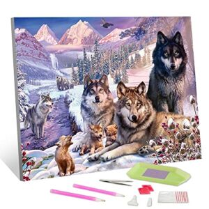 5D DIY Diamond Painting, Animals Diamond Painting Kits for Adults, Wolves in Snow Painting with Diamonds, Winter Scenery Full Round Drill Diamond Painting Art Craft for Home Wall Decor, 12 x 16 inch
