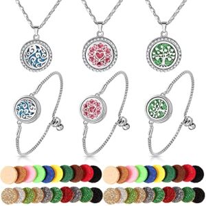 46 Pieces Aromatherapy Locket Adjustable Bracelet Necklace Set Aromatherapy Essential Oil Diffuser Necklace Oil Diffuser Bracelet Refill Pads Aromatherapy Oil Jewelry for Girls Women (Cute Style)