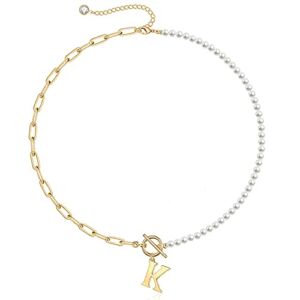 Dainty Pearl Choker Necklaces for Women, 14K Gold Plated Paperclip Link Chain Necklace Toggle Clasp Necklace Initial Necklaces Gold Jewelry for Women Letter K