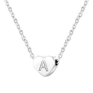 Stainless Steel Heart Shaped Alphabet Initial Letters Charm Collar Statement Pendant Necklace (Silver-A)