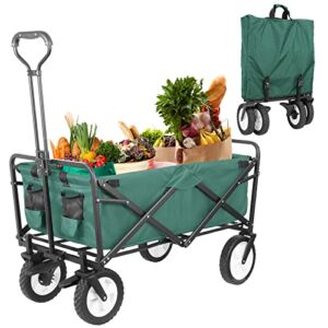 Outdoor Collapsible Wagon, Portable Folding Heavy-Duty Utility Cart, W/7.8” Brake Wheel, Carry Bag, Adjustable Handle, for Grocery, Garden, Beach, Sport, Shop, Capacity Weight 170 LBS (Green)
