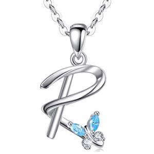 EUDORA Sterling Silver Butterfly Initial Necklace for Women Girl Teens Alphabet Personalized Letter R Pendant with Blue Cubic Zirconia 18 inches Chain