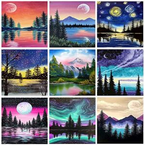 9 Pack Diamond Painting, DIY 5D Diamond Painting Kits Art for Adults & Kids, Crafts Drill Acrylic Embroidery Cross Stitch for Home Wall Decor Sun Moon Scenery, 12×12 inch