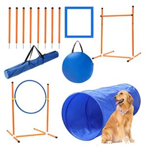 PLKO Dog Agility Equipment Set, Training Starter Kit Dog Obstacle Course, with Tunnel, 8 Weave Poles, Adjustable Hurdle, Jump Ring, Pause Box and Carrying Bag