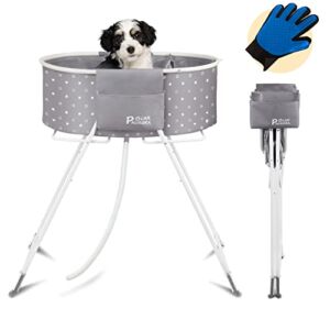 Polar Aurora Heightened Folding Dog Bath Tub with Side Pockets, Used for Bathing, Showering and Grooming, Folding Feet can be Retracted, with a Glove, for Small and Medium Dogs, Cats (Gray)