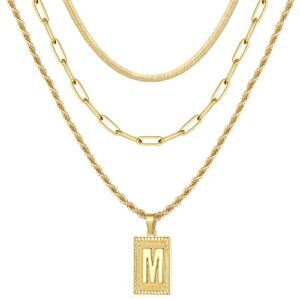 Gold Layered Initial Necklaces for Women, 14K Gold Plated Layering Snake Necklace Paperclip Chain Necklace for Women Rope Chain Square Pendant Letter M Initial Necklace Layered Necklaces for Women